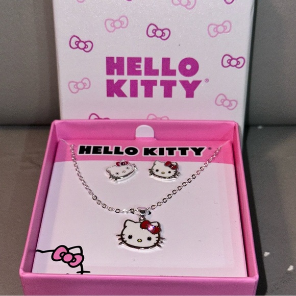 Sanrio Hello Kitty Brass Silver Plate Crystal Necklace and Earrings Set - Picture 2 of 5
